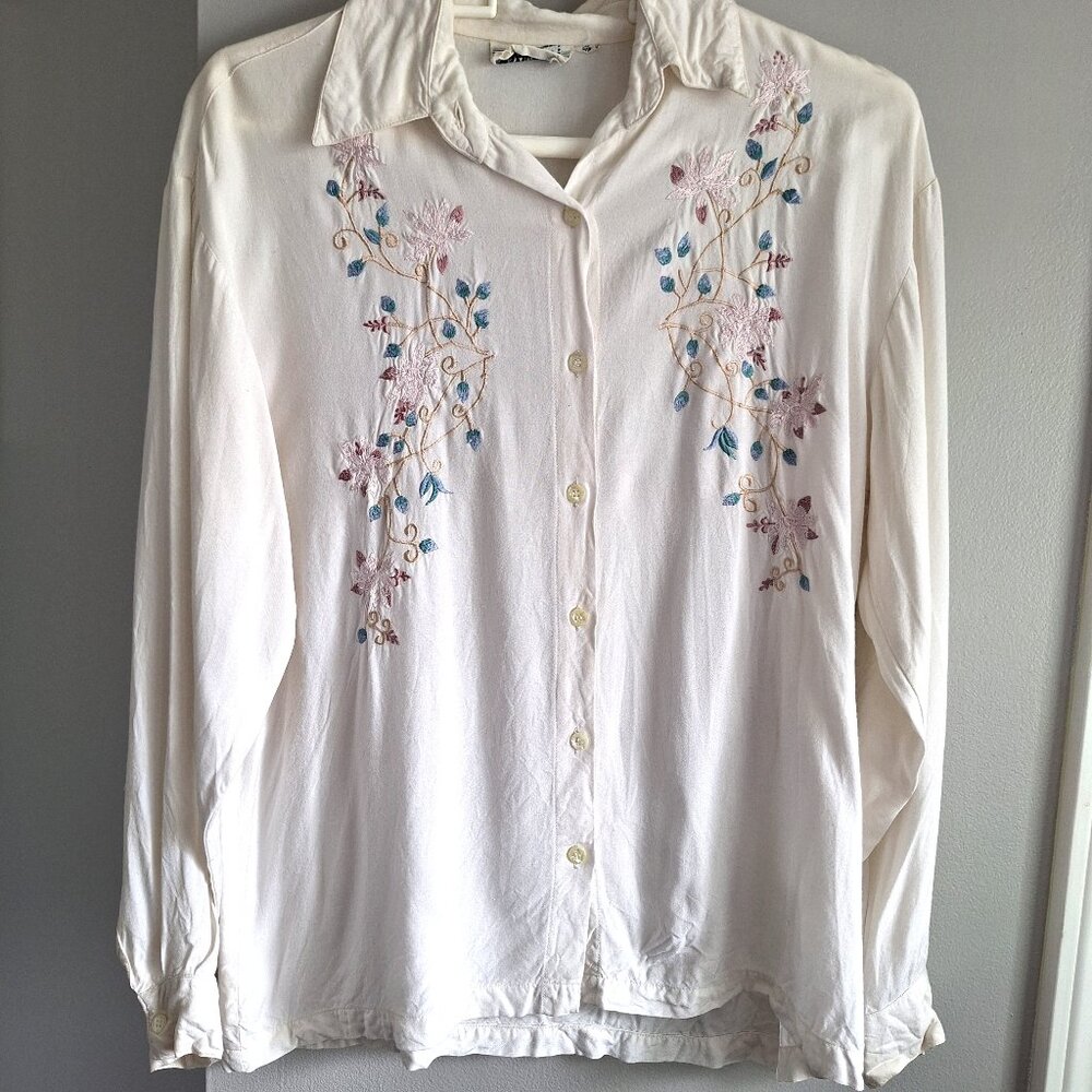 Vintage Cream Embroidered Button-Down Blouse